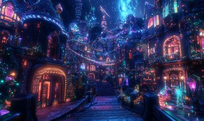 A dazzling sci-fi Christmas village with glowing houses, holographic decorations, and robotic carolers,