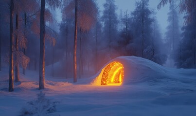 A modern snow fort glowing with LED accents in a futuristic snowy forest during twilight,