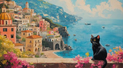 Serene coastal landscape with vibrant architecture and black cat overlooking sea