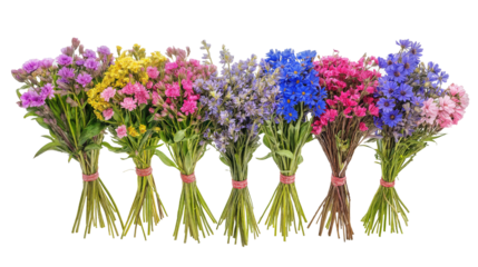 Colorful Bouquets of Wildflowers Arranged in Neat Clusters for a Vibrant Summer Display at a Local Farmers Market in the Countryside