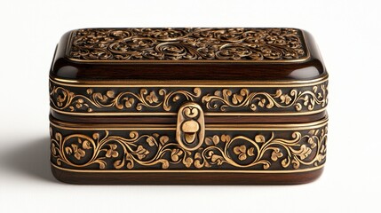 A robust brown box with intricate golden shading, slightly ajar, displaying fine craftsmanship, set against a pure white background