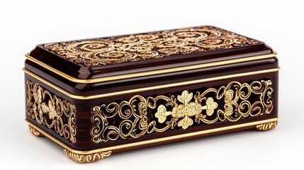 A robust brown box with intricate golden shading, slightly ajar, displaying fine craftsmanship, set against a pure white background