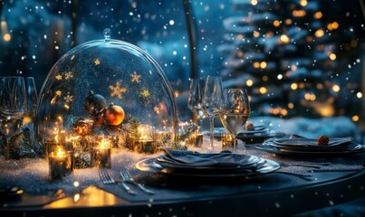 An ultramodern Christmas Eve dinner in a glass dome with holographic decor and glowing snowfall outside,