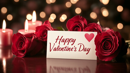 Urocze nakrycie stołu z różami, świecami i kartką "Happy Valentine's Day".

Urocze nakrycie stołu z różami, świecami i kartką "Happy Valentine's Day".

