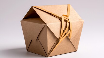 A luxurious brown takeaway box with subtle golden undertones, perfectly centered on a clean white setting, designed for culinary presentation