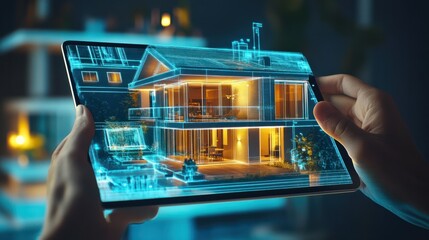 Hands holding tablet with augmented reality house design app, showcasing modern smart home features and technology integration.