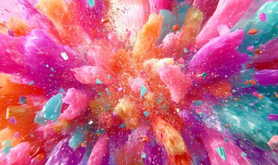 Abstract colorful explosion of 3D shards and particles, neon tones of pink, teal, and purple, vibrant and energetic composition