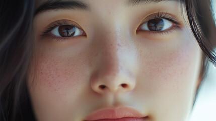 Fototapeta premium Twarz młodej Azjatki z piegami w zbliżeniu podkreślający autentyczność jej urody na prostym, białym tle. 