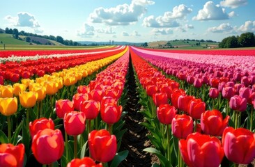 Vibrant Tulip Fields in Full Bloom - Multicolored Rows on a Commercial Flower Plantation
