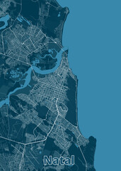 This is a detailed map of Natal, Brazil, showcasing its street network and coastline. The map is rendered in a minimalist style with white lines representing roads and a dark blue background.