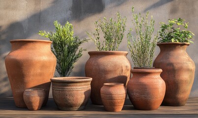 Fototapeta premium Collection of rustic clay pots displayed on a wooden table, earthy textures and warm tones, traditional craftsmanship