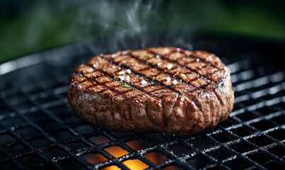 barbecue steak with perfect char marks on grill smoky background night outdoor cooking hyper-realistic
