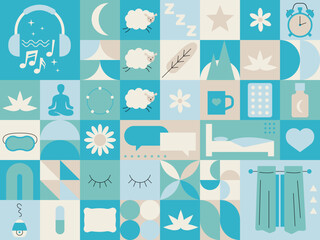 Sleep Disorders. Insomnia set, collection. Sleep deprivation. Sleep and mental disorder. Sleep hygiene and stages. Circadian rhythm maintaining