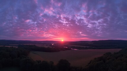 Obraz premium Panorama of Sunrise over Fields and River Teign from a drone, Newton Abbot, Devon, England, Europe