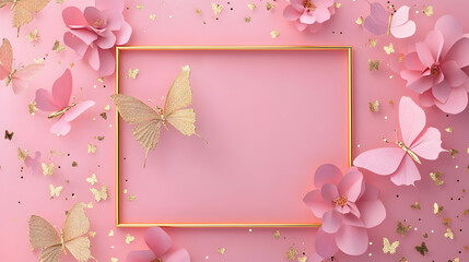 un fondo color rosa pastel con un porta retrato vacio o marco color dorado con mariposas y flores de papel decorativas con espacio de copia