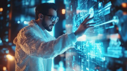 Smart man looking data or connecting with big data or virtual reality by using goggle or VR headset. Caucasian person exploring metaverse world and touching simulated program. Technology. Deviation.