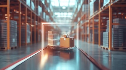 Smart warehouse management system using augmented reality technology to identify package picking and delivery . Future concept of supply chain and logistic busines