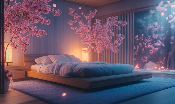 Elegant Japanese-style bedroom with wooden furniture, soft lighting, and cherry blossom-themed decor, serene aesthetic