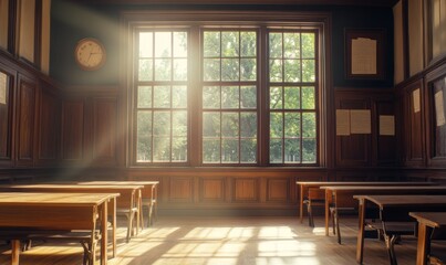 Fototapeta premium Empty wooden classroom with sunlight streaming through large vintage windows, nostalgic school vibes in warm tones