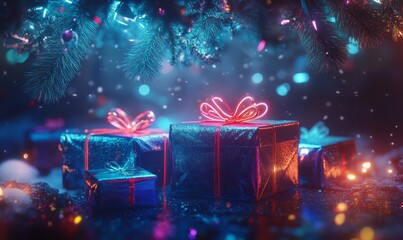 Dazzling holiday gifts with neon-wrapped holographic packaging under a glowing futuristic tree,