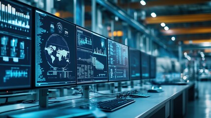 A control room using digital twin models to oversee and improve factory operations.