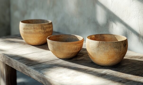 Collection of rustic clay pots displayed on a wooden table, earthy textures and warm tones, traditional craftsmanship