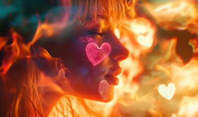 Flaming hearts, Dreamy bokeh, Film-inspired, Glowing neon, Energized, Radiant, Silver liquid