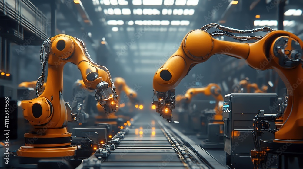 Poster a factory production line with ai-driven robots collaborating with human workers.