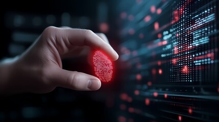 Hand holding glowing red digital data sphere.