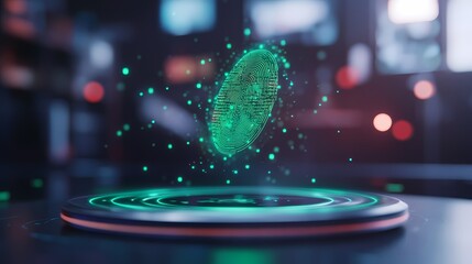 Holographic digital coin levitating on futuristic platform.