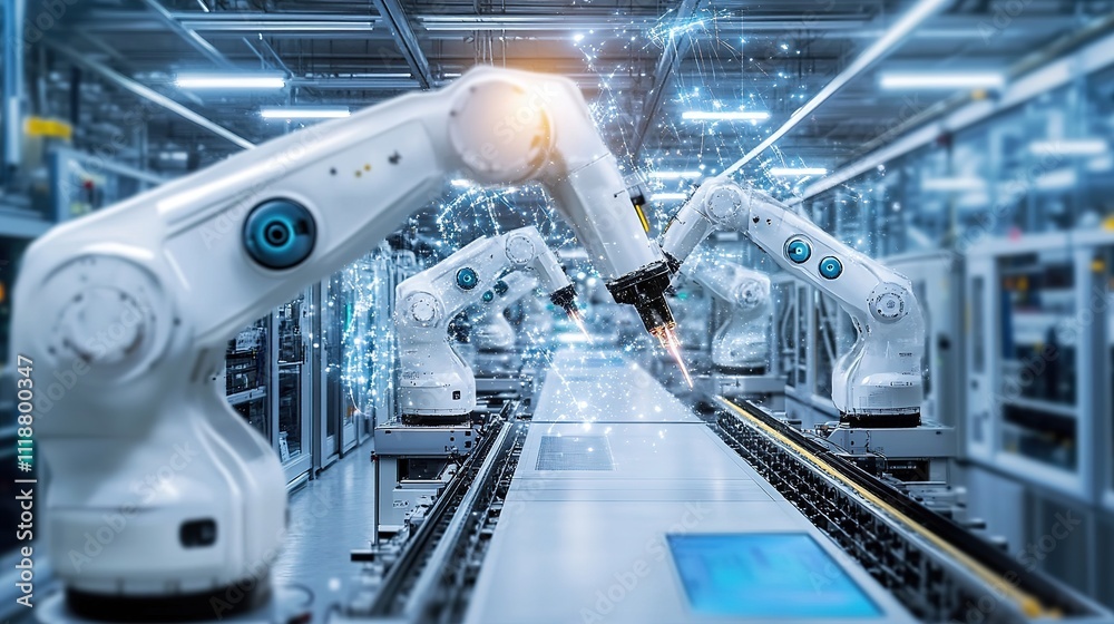 Poster a high-tech factory where ai-powered machines adjust processes for optimal output.