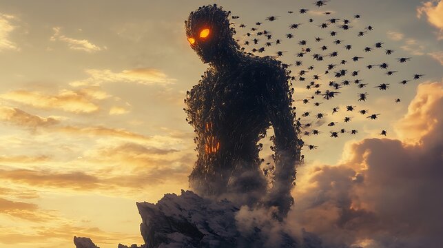 Glowing Eyed giant robot defending against endless swarm of machines images
