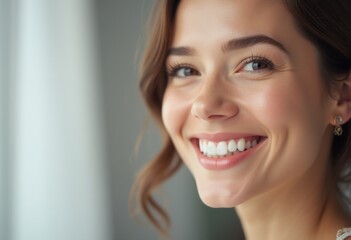 A young woman with a warm, inviting smile radiates joy and positivity, her eyes sparkling with happiness. The soft lighting enhances her natural beauty, highlighting her flawless skin and the gentle