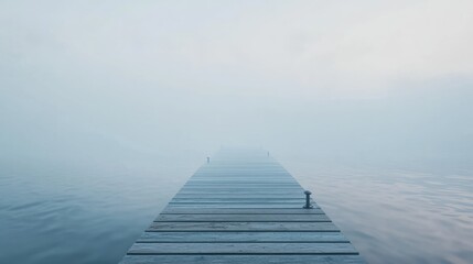 Obraz premium wooden dock way to horizon in foggy morning, minimalism style background with copy space, Generative Ai