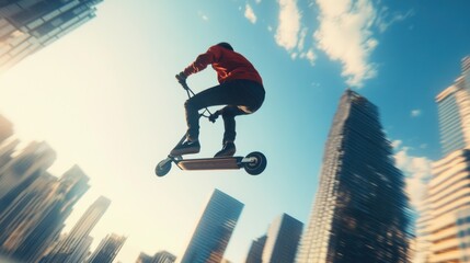 Urban Scooter Stunt: A Thrilling Aerial View of a Rider Soaring Above City Skyline