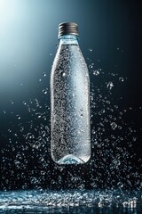 A sleek water bottle mid-air, with water droplets and condensation glowing under refreshing studio lighting