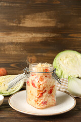 Delicious sauerkraut in jar on plate and ingredients on wooden background