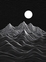Abstract white mountain on night time background. Minimalist landscape on black wallpaper with hills, sun, moon in hand drawn pattern. Line art design for cover, banner, print, wall art, decoration.
