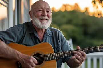 Obraz premium A man is playing a guitar and smiling