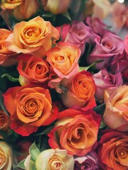 Naklejka premium Colorful bouquet of fresh roses in vibrant shades of orange and pink, symbolizing love and beauty in a romantic arrangement.