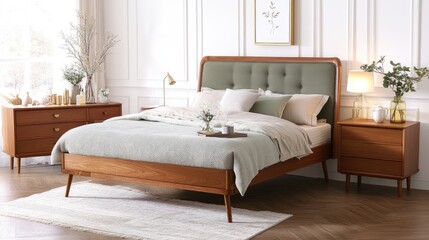 Solid wood bed features a green upholstered headboard and light linen quilt, paired with stylish bedside tables and warm lighting