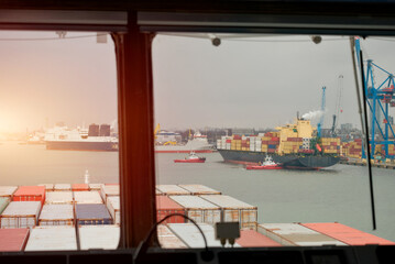 Marine Traffic In The Port Seen From The Wheelhouse Of Container Ship