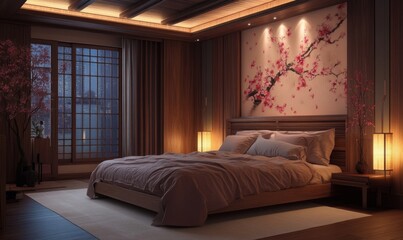 Fototapeta premium Elegant Japanese-style bedroom with cherry blossom wall art, wooden accents, and cozy ambient lighting