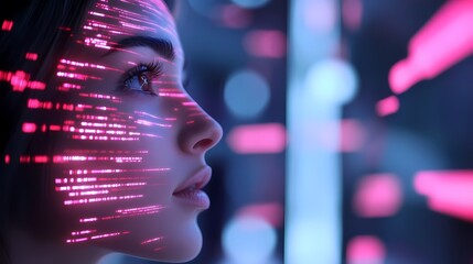 Woman's face with pink digital data stream overlay.