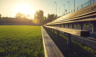 Empty outdoor sports stadium during sunset, golden light shining over green grass and rows of bleachers, calm and nostalgic atmosphere