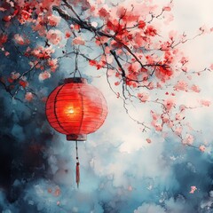 Obraz premium Chinese New Year Frame with Lanterns and Blossoms