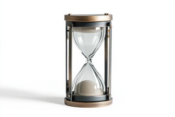 Elegant gray hourglass with a metallic frame and glass sand chamber, isolated on white background, perfect for time and decor themes