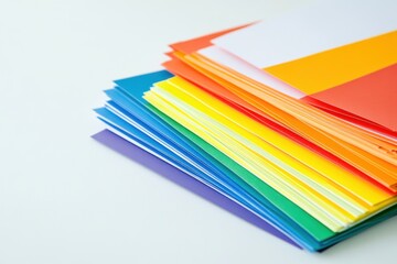 Stack of colorful paper sheets in a rainbow palette, isolated on white background, perfect for art, design, and craft projects