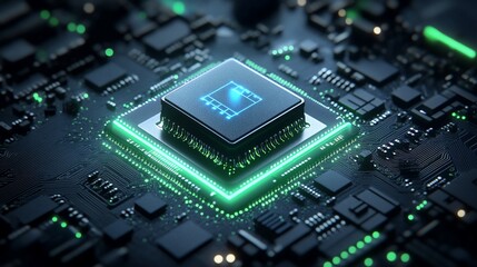 Close-up of a microprocessor chip on a circuit board with glowing green outlines.