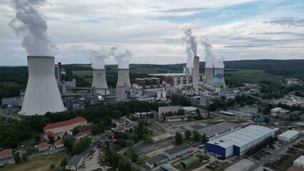 Horizontal shot from drone of industry in the city